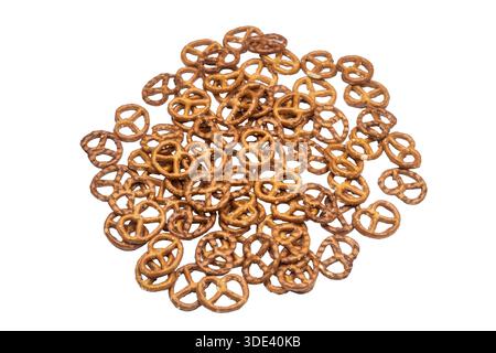 Salt pretzels isolated on white background. Salty snacks. Top view Stock Photo