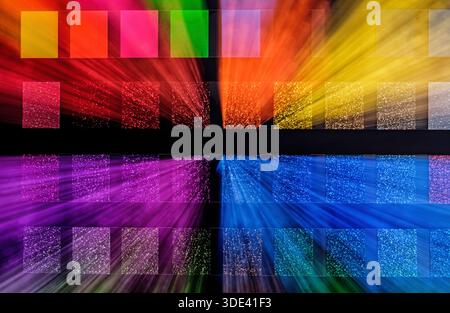 starburst, abstract image with a vibrant rainbow burst animation effect, a zoom effect over colored lights arranged in a grid pattern Stock Photo
