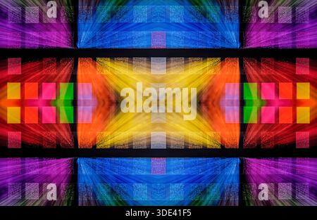 starburst, abstract image with a vibrant rainbow burst animation effect, a zoom effect over colored lights arranged in a grid pattern Stock Photo