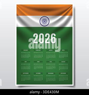 2026 Printable Calendar Design with INDIA Flag Theme, Patriotic  INDIA Yearly Planner Template Stock Vector