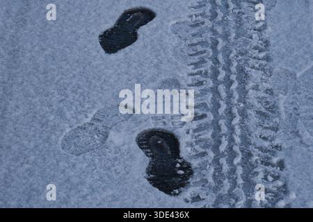 Reifenspur und Fussabdrücke im Schnee *** Tire tracks and footprints in the snow Stock Photo
