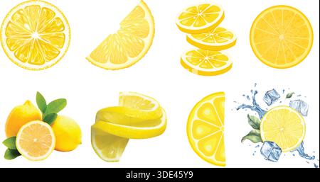 Collection of vibrant yellow lemon illustrations showcasing whole fruits, various slices, spirals, and refreshing ice water splashes Stock Vector