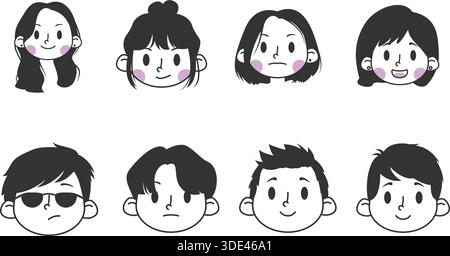 Diverse cartoon faces with various expressions on black background Stock Vector