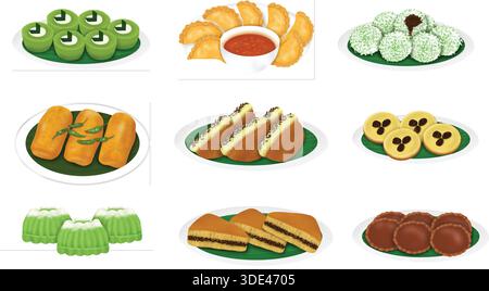 Variety of traditional Asian desserts and snacks on plates Stock Vector