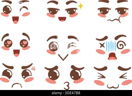 Collection of expressive kawaii anime style facial expressions showcasing diverse emotions like joy, surprise, confusion, love, anger, and excitement Stock Vector