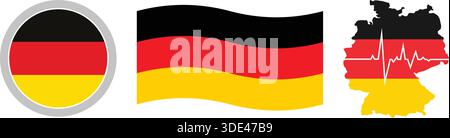 Germany flag and map with heartbeat line on black background Stock Vector