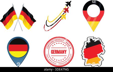 Germany national symbols and icons set with flags, map, and emblems Stock Vector