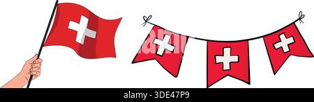 Hand holding Swiss flag waving with smaller flags on black background Stock Vector