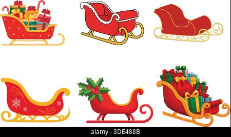 Vibrant Christmas sleighs with gifts and decorations on black background Stock Vector