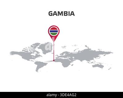 GAMBIA Location Pin on World Map with Flag in Pin's Body Stock Vector