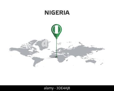 Nigeria Location Pin on World Map with Flag in Pin's Body Stock Vector