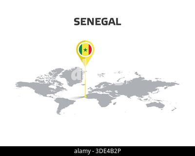 SENEGAL Location Pin on World Map with Flag in Pin's Body Stock Vector