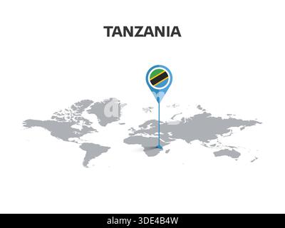 TANZANIA Location Pin on World Map with Flag in Pin's Body Stock Vector