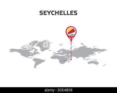 SEYCHELLES Location Pin on World Map with Flag in Pin's Body Stock Vector