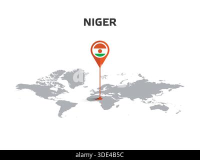 NIGER Location Pin on World Map with Flag in Pin's Body Stock Vector