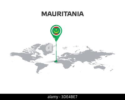MAURITANIA Location Pin on World Map with Flag in Pin's Body Stock Vector