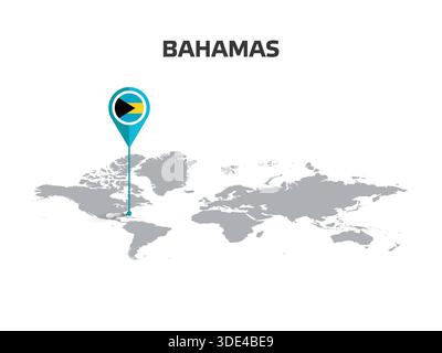 BAHAMAS Location Pin on World Map with Flag in Pin's Body Stock Vector