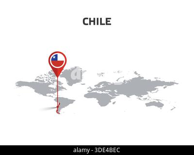 CHILE Location Pin on World Map with Flag in Pin's Body Stock Vector