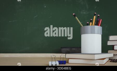 Stationery Supplies with Pencil Holder and Books on School Desk. 3d rendering Stock Photo