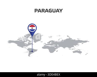 PARAGUAY Location Pin on World Map with Flag in Pin's Body Stock Vector