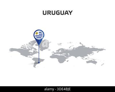 Uruguay Location Pin on World Map with Flag in Pin's Body Stock Vector