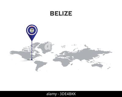 BELIZE Location Pin on World Map with Flag in Pin's Body Stock Vector