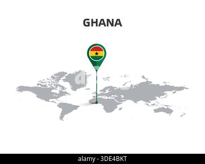 GHANA Location Pin on World Map with Flag in Pin's Body Stock Vector