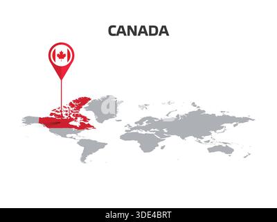 CANADA Location Pin on World Map with Flag in Pin's Body Stock Vector