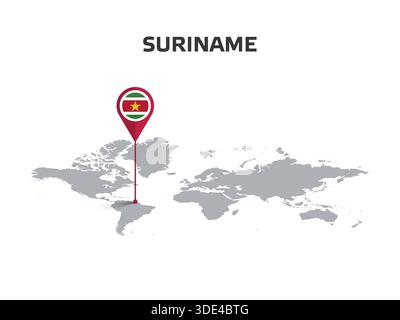 SURINAME Location Pin on World Map with Flag in Pin's Body Stock Vector