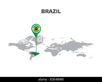 BRAZIL Location Pin on World Map with Flag in Pin's Body Stock Vector