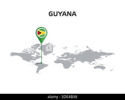 GUYANA Location Pin on World Map with Flag in Pin's Body Stock Vector