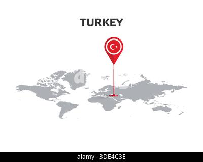 Turkey Location Pin on World Map with Flag in Pin's Body Stock Vector
