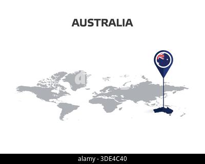 AUSTRALIA Location Pin on World Map with Flag in Pin's Body Stock Vector