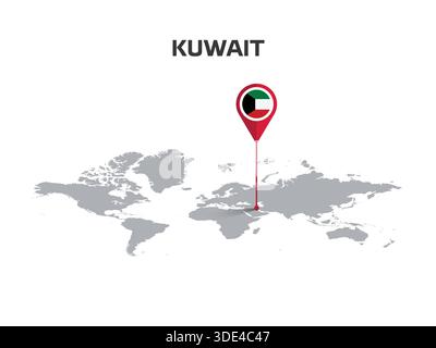 KUWAIT Location Pin on World Map with Flag in Pin's Body Stock Vector