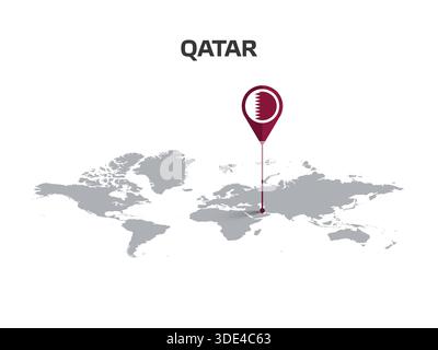 QATAR Location Pin on World Map with Flag in Pin's Body Stock Vector