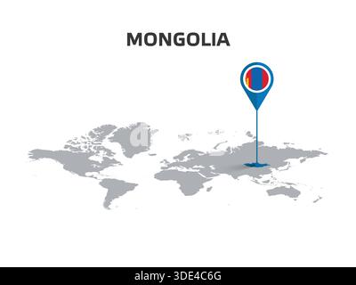 MONGOLIA Location Pin on World Map with Flag in Pin's Body Stock Vector