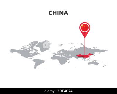CHINA Location Pin on World Map with Flag in Pin's Body Stock Vector