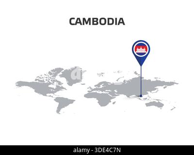 CAMBODIA Location Pin on World Map with Flag in Pin's Body Stock Vector