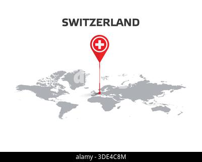 SWITZERLAND Location Pin on World Map with Flag in Pin's Body Stock Vector