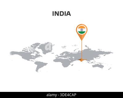 INDIA Location Pin on World Map with Flag in Pin's Body Stock Vector