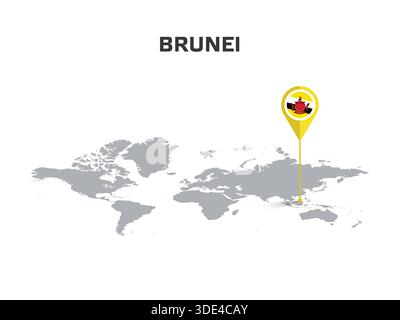 Brunei Darussalam Location Pin on World Map with Flag in Pin's Body Stock Vector