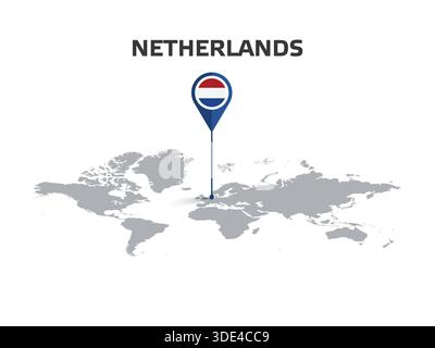 NETHERLANDS Location Pin on World Map with Flag in Pin's Body Stock Vector