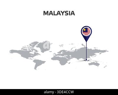 MALAYSIA Location Pin on World Map with Flag in Pin's Body Stock Vector