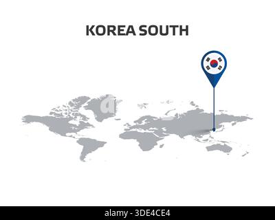 SOUTH KOREA Location Pin on World Map with Flag in Pin's Body Stock Vector