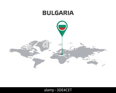 BULGARIA Location Pin on World Map with Flag in Pin's Body Stock Vector
