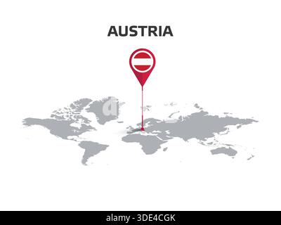 AUSTRIA Location Pin on World Map with Flag in Pin's Body Stock Vector