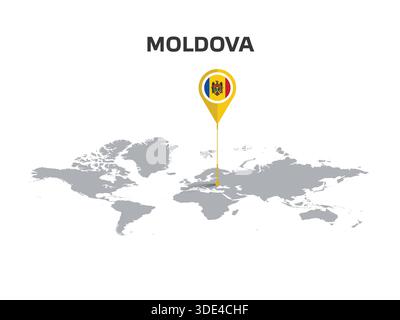 MOLDOVA Location Pin on World Map with Flag in Pin's Body Stock Vector