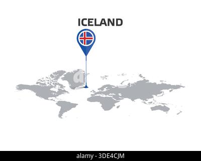 ICELAND Location Pin on World Map with Flag in Pin's Body Stock Vector