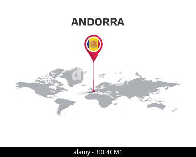ANDORRA Location Pin on World Map with Flag in Pin's Body Stock Vector