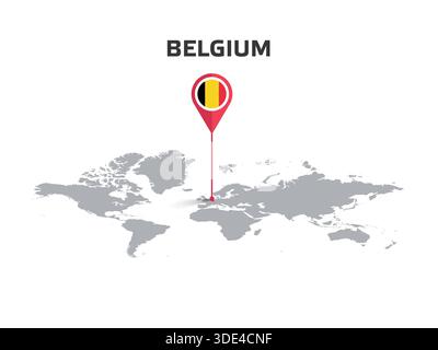 BELGIUM Location Pin on World Map with Flag in Pin's Body Stock Vector